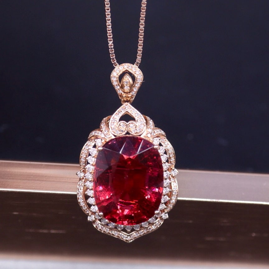 14k Gold 12.2 Ct Natural Tourmaline & Diamond Pendant( Without Chain ): Ref:230940166 // gold content:14k gold // main gemstone:tourmaline // shape:cushion // carat weight:12. 2ct // color:red // treatment:natural // // adjacent gemstone 2 : diamond // number of