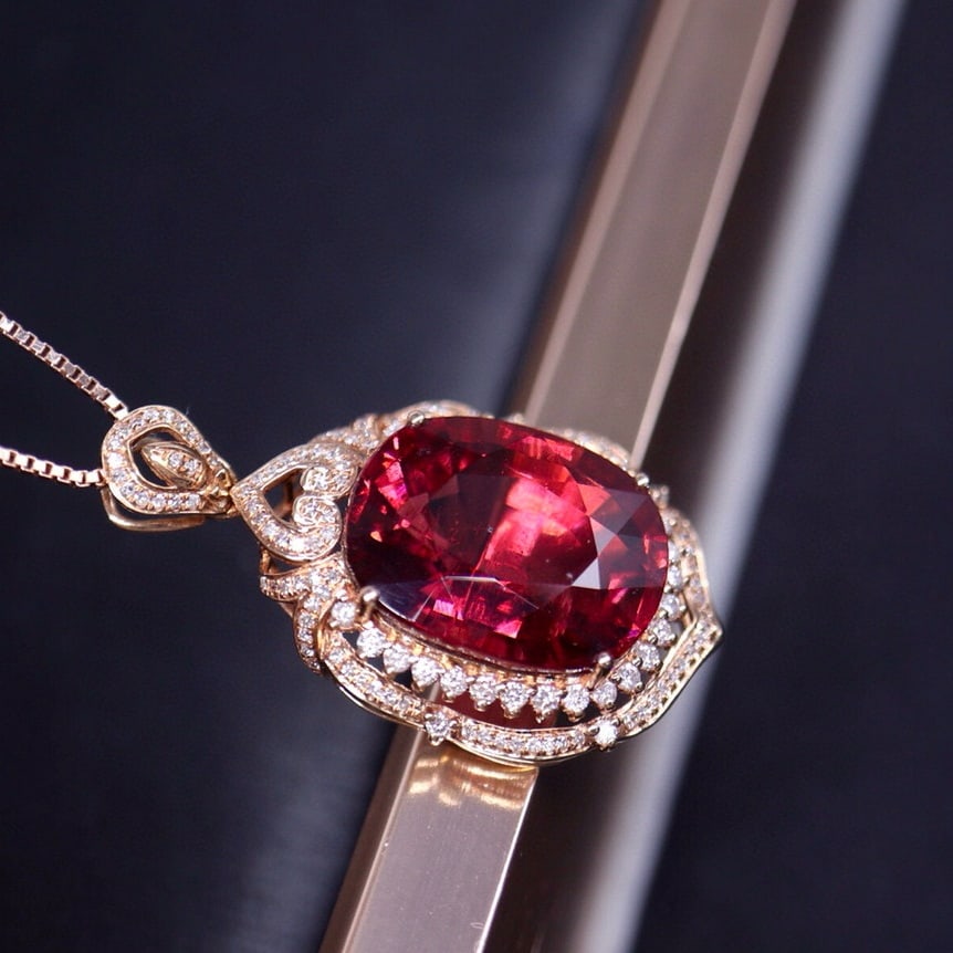 14k Gold 12.2 Ct Natural Tourmaline & Diamond Pendant( Without Chain ) - 4