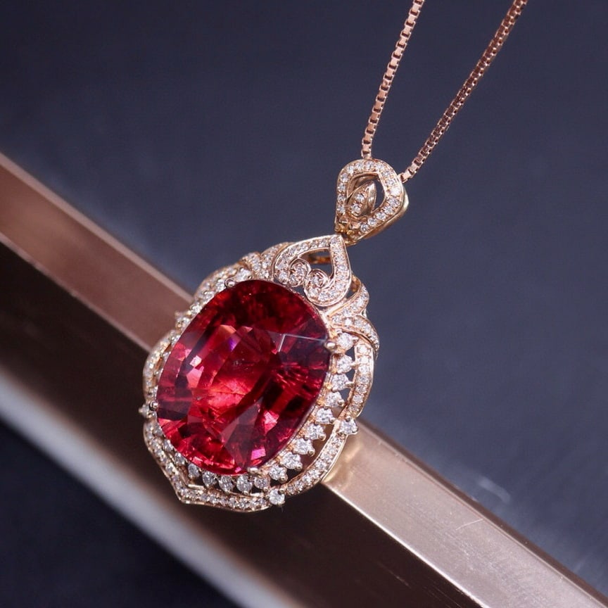 14k Gold 12.2 Ct Natural Tourmaline & Diamond Pendant( Without Chain ) - 5