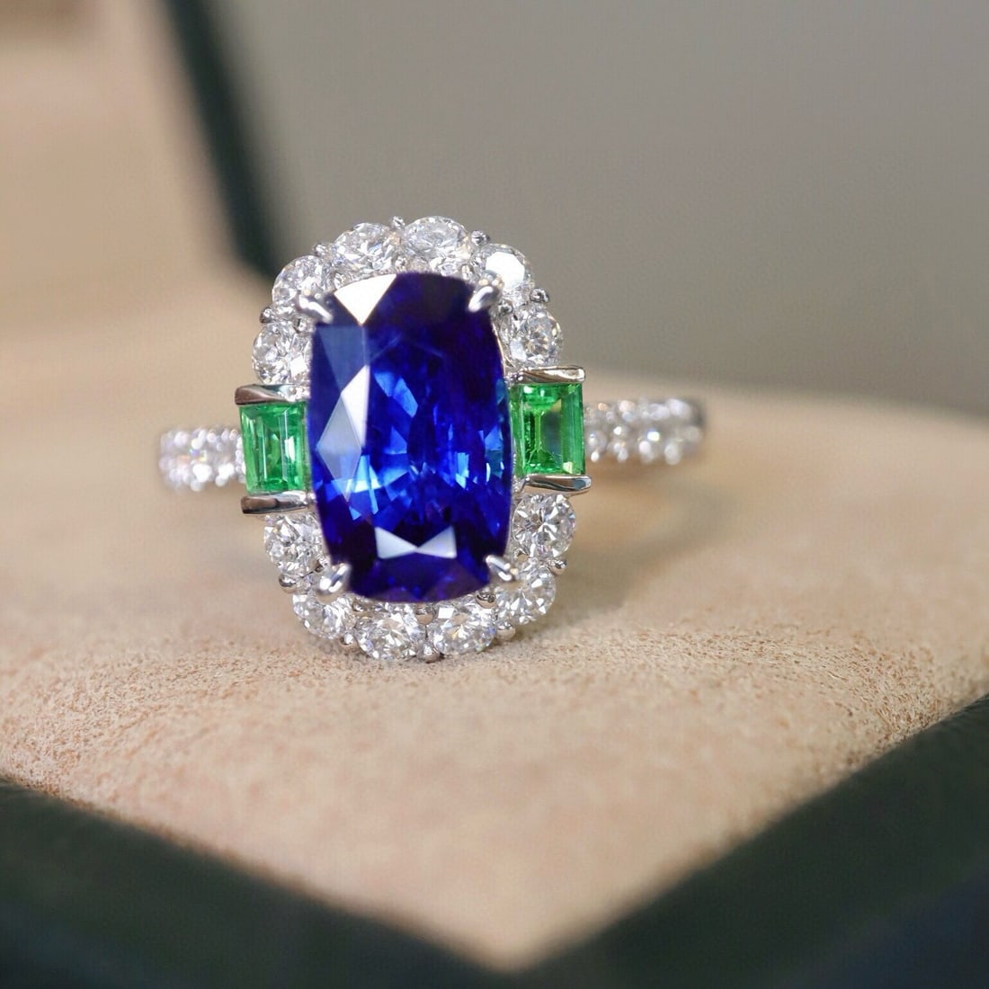 14k Gold 2.92 Ctw Natural Sapphire & Diamond Ring: Ref:230940181 // gold content:14k gold // ring size:7. 25us // // main gemstone:sapphire // shape:cushion // carat weight:2. 32ct // color:royal blue // treatment:natural // // adjacent gemstone 2