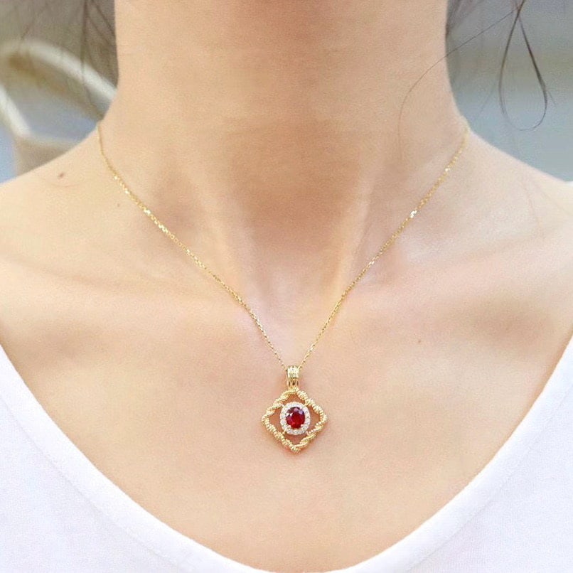 14k Gold 1.11 Ctw Vivid Red Natural Ruby & Diamond Pendant( Without Chain ) - 3