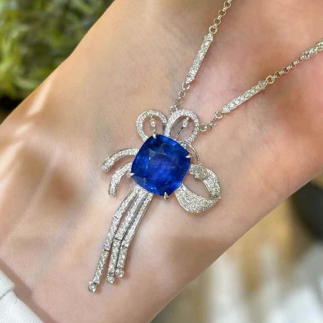 14k Gold 6.6 Ct Natural Sapphire & Diamond Necklace - 2
