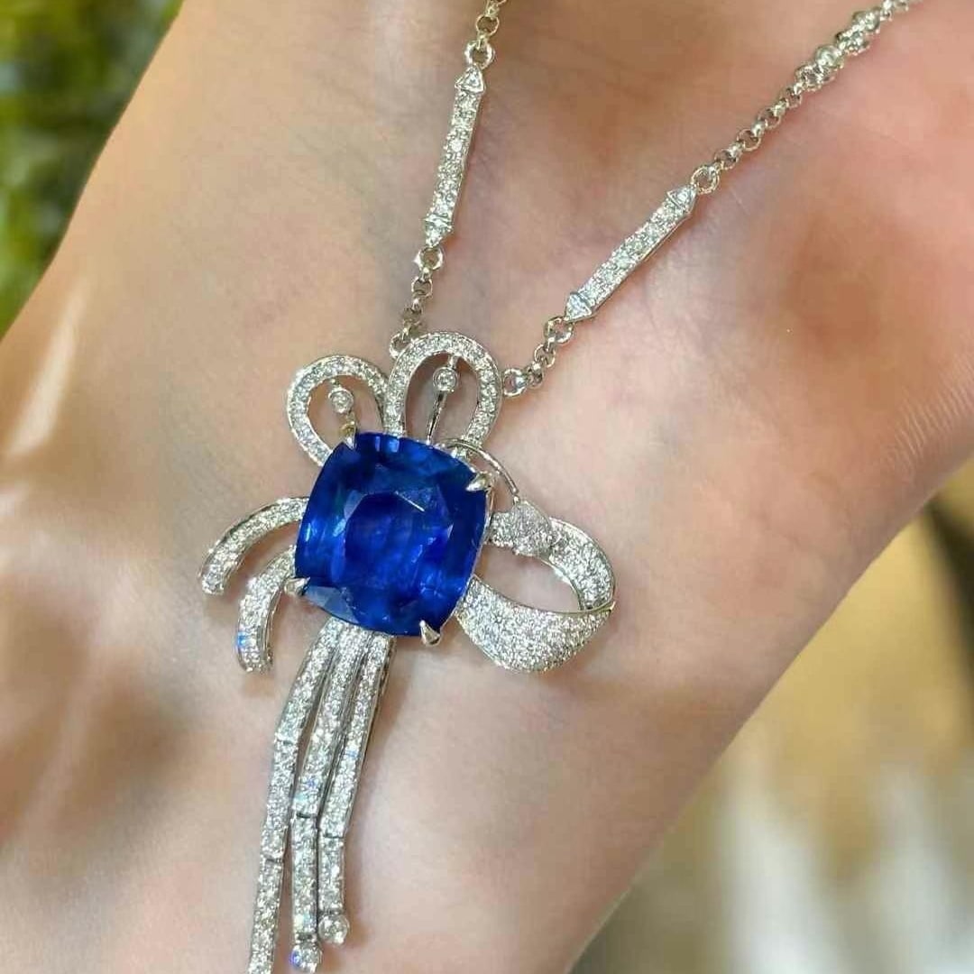 14k Gold 6.6 Ct Natural Sapphire & Diamond Necklace - 3