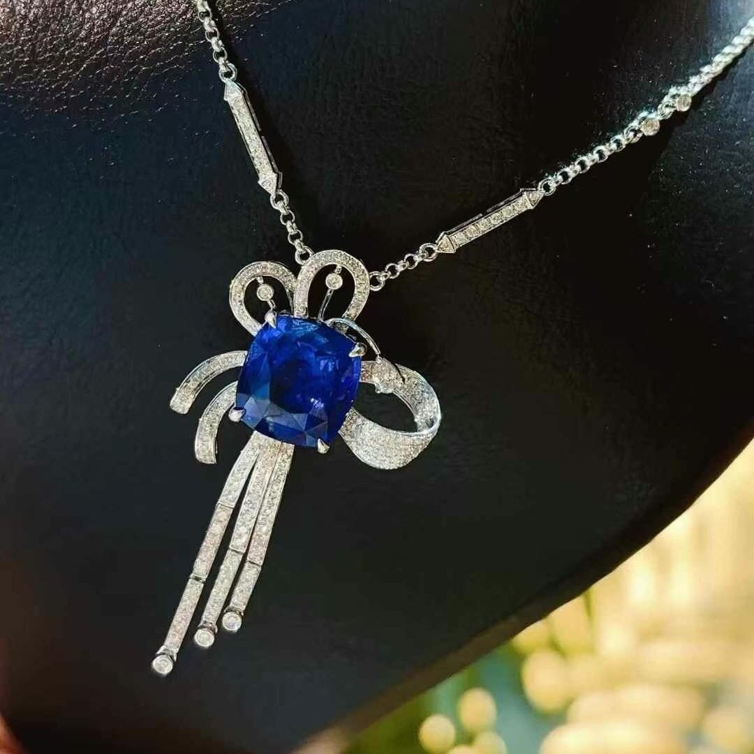 14k Gold 6.6 Ct Natural Sapphire & Diamond Necklace - 6