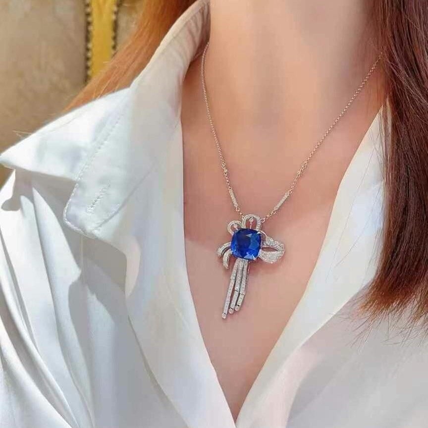 14k Gold 6.6 Ct Natural Sapphire & Diamond Necklace - 7