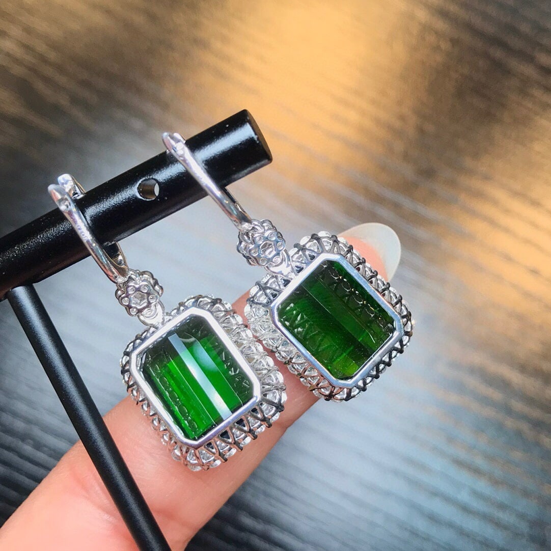 14k Gold 19.6 Ct Natural Tourmaline & Diamond Earrings - 5