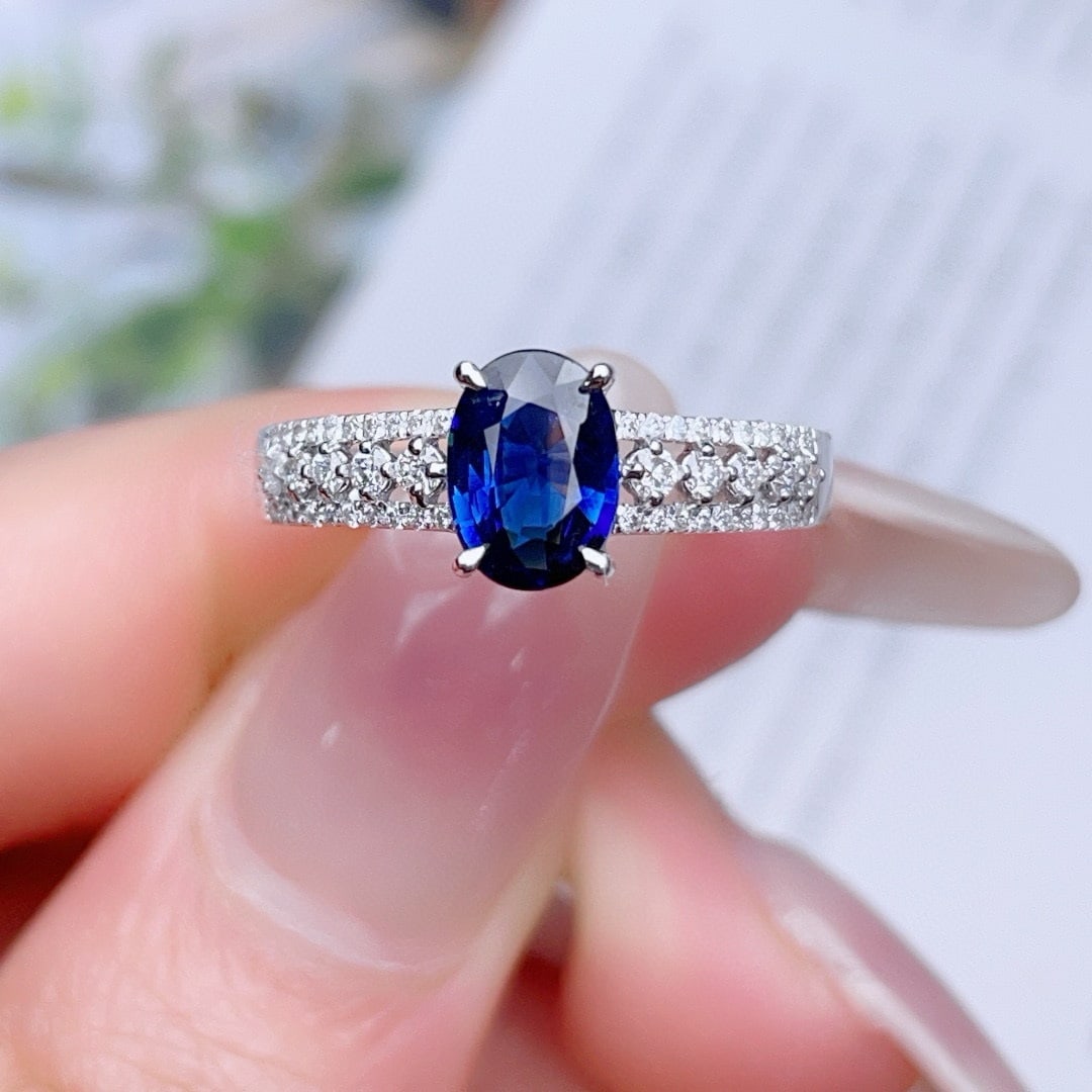 14k Gold 1.45 Ctw Vivid Blue Natural Sapphire & Diamond Ring: Ref:230940230 // gold content:14k gold // ring size:7. 25us // // main gemstone:sapphire // shape:oval // carat weight:1. 2ct // color:vivid blue // treatment:natural // // adjacent gemstone 2 :