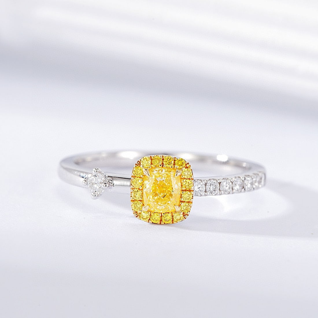 14k Gold 0.51 Ctw Natural Yellow Diamond & Diamond Ring: Ref:230940241 // gold content:14k gold // ring size:7. 25us // // main gemstone:yellow diamond // shape:cushion // carat weight:0. 33ct // color:yellow // treatment:natural // // adjacent gemstone 2 :