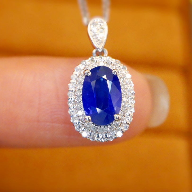 14k Gold 1.36 Ctw Natural Sapphire & Diamond Pendant( Without Chain ): Ref:230940245 // gold content:14k gold // main gemstone:sapphire // shape:oval // carat weight:1. 13ct // color:royal blue // treatment:natural // // adjacent gemstone 2 : diamond // number of stones: