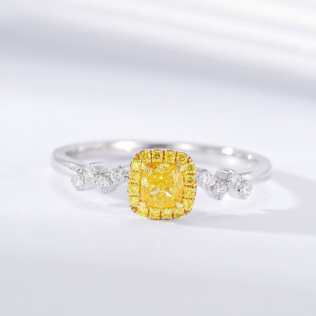 14k Gold 0.47 Ctw Natural Yellow Diamond & Diamond Ring: Ref:230940257 // gold content:14k gold // ring size:7. 25us // // main gemstone:yellow diamond // shape:cushion // carat weight:0. 31ct // color:yellow // treatment:natural // // adjacent gemstone