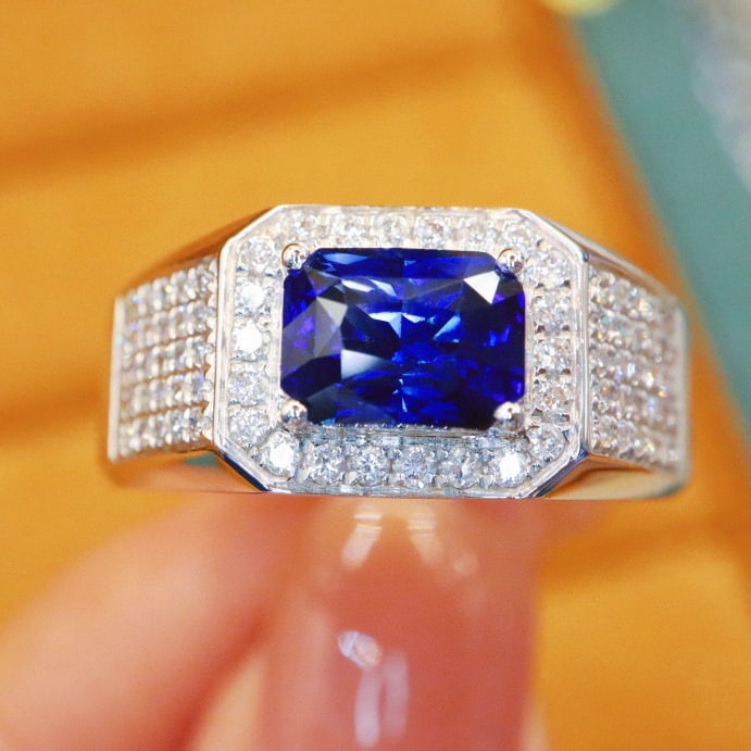 14k Gold 2.85 Ctw Natural Sapphire & Diamond Ring: Ref:230940260 // gold content:14k gold // ring size:7. 25us // // main gemstone:sapphire // shape:octagonal // carat weight:2. 33ct // color:royal blue // treatment:natural // // adjacent gemstone