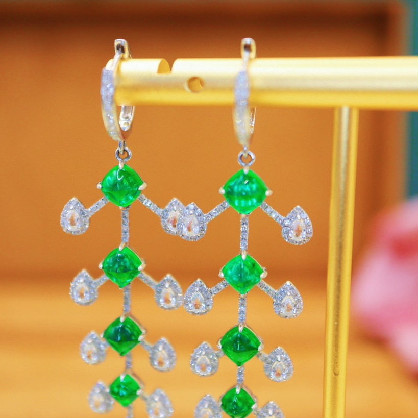 14k Gold 5.55 Ctw Vivid Green Natural Emerald & Diamond Earrings - 3