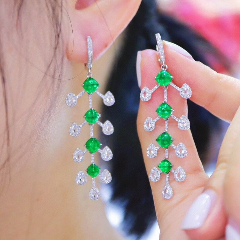 14k Gold 5.55 Ctw Vivid Green Natural Emerald & Diamond Earrings - 5