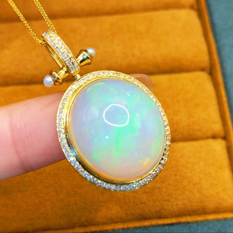 14k Gold 15.72 Ctw Natural Opal & Diamond Pendant( Without Chain ) - 2