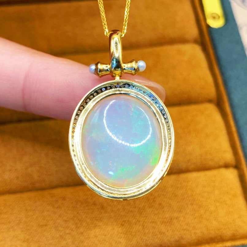 14k Gold 15.72 Ctw Natural Opal & Diamond Pendant( Without Chain ) - 4