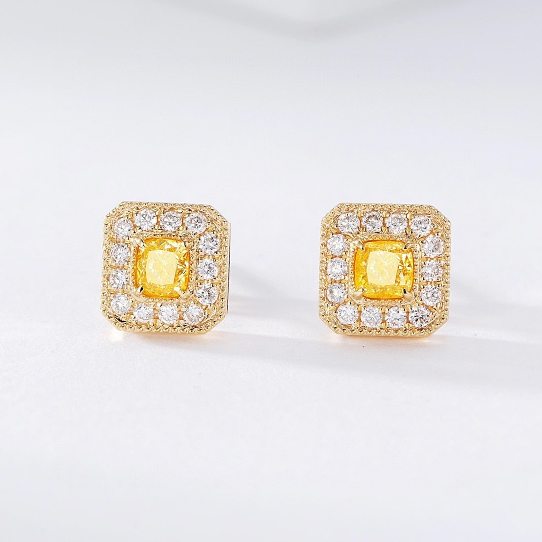 14k Gold 0.75 Ctw Natural Yellow Diamond & Diamond Earrings: Ref:230940291 // gold content:14k gold // main gemstone:yellow diamond // shape:cushion // carat weight:0. 5ct // color:yellow // treatment:natural // // adjacent gemstone 2 : diamond //