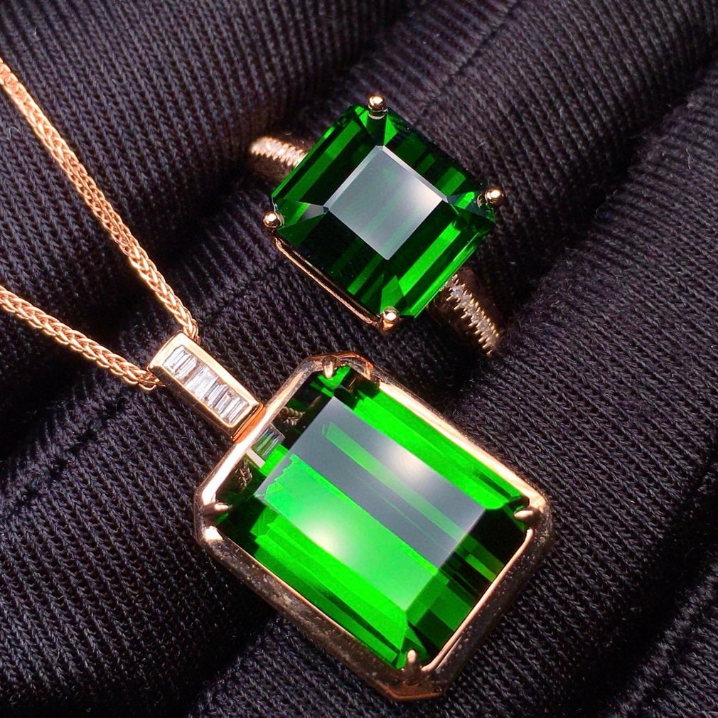 14k Gold 15.86 Ct Natural Tourmaline & Diamond Jewelry Set - 2