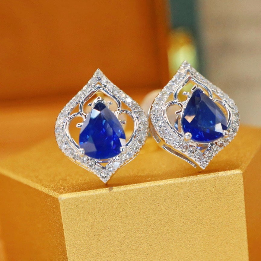 14k Gold 1.57 Ctw Natural Sapphire & Diamond Earrings - 2