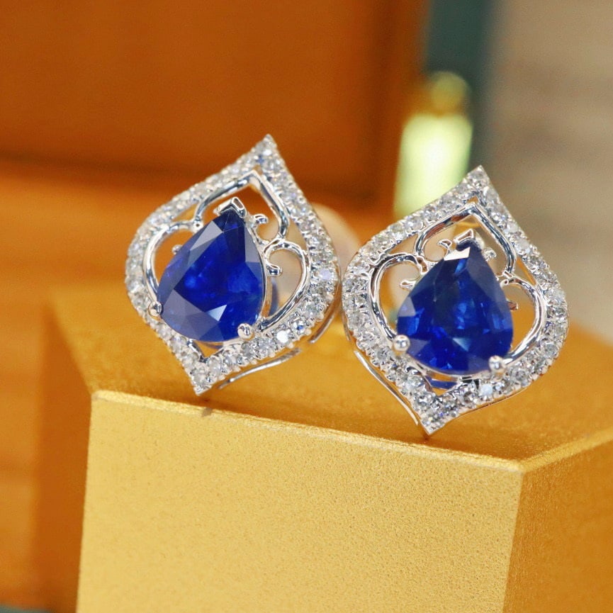 14k Gold 1.57 Ctw Natural Sapphire & Diamond Earrings - 3