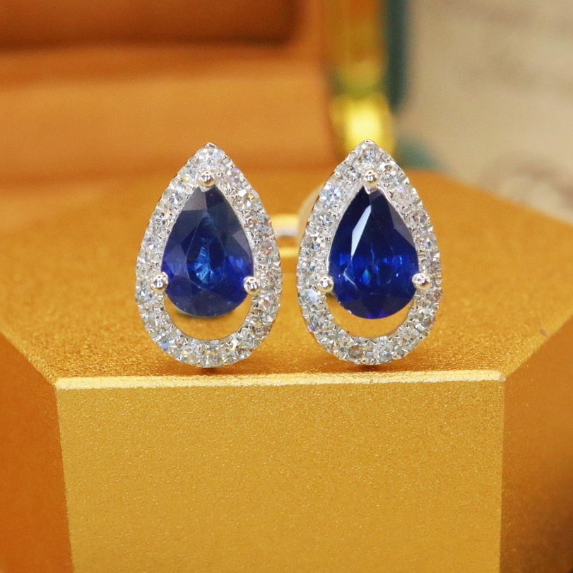 14k Gold 1.29 Ctw Natural Sapphire & Diamond Earrings: Ref:230940326 // gold content:14k gold // main gemstone:sapphire // shape:pear // carat weight:1. 1ct // color:royal blue // treatment:natural // // adjacent gemstone 2 : diamond // number of