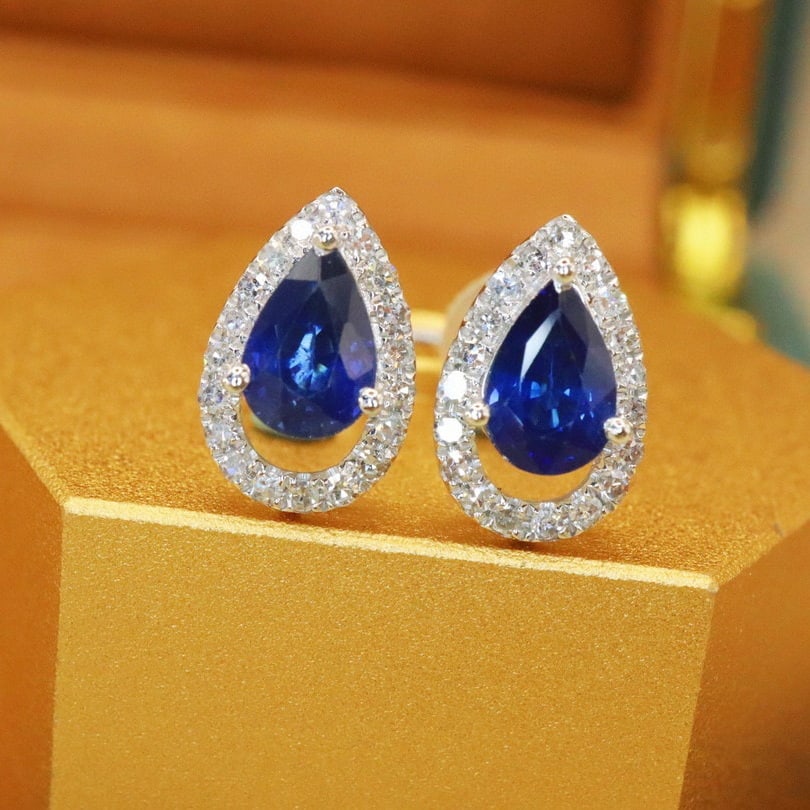 14k Gold 1.29 Ctw Natural Sapphire & Diamond Earrings - 4