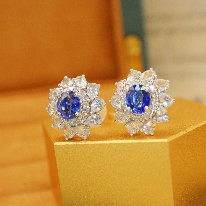 14k Gold 1.16 Ctw Natural Sapphire & Diamond Earrings - 2