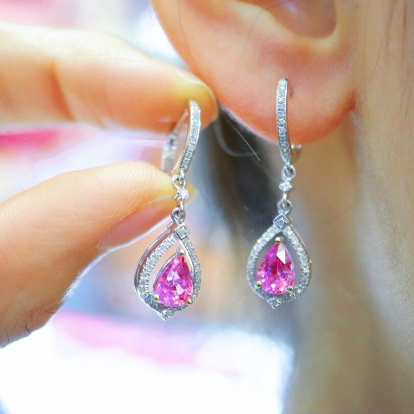 14k Gold 2.22 Ctw Natural Padparadscha Sapphire & Diamond Earrings - 5