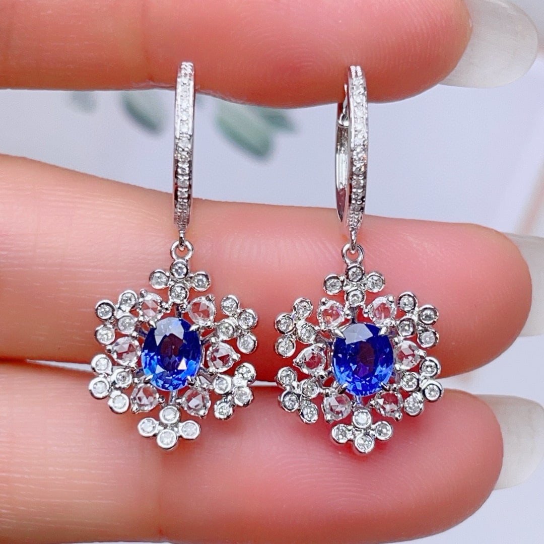 14k Gold 1.5 Ct Natural Sapphire & Diamond & Sapphire Earrings: Ref:230940358 // gold content:14k gold // main gemstone:sapphire // shape:oval // carat weight:1. 5ct // color:blue // treatment:natural // // adjacent gemstone 2 : diamond // number of stones:70