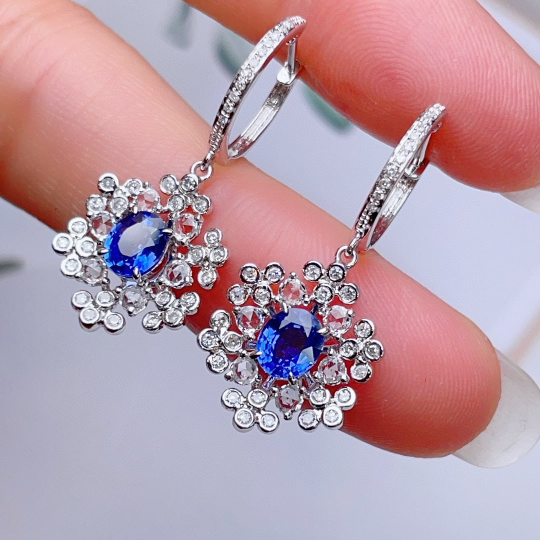 14k Gold 1.5 Ct Natural Sapphire & Diamond & Sapphire Earrings - 4