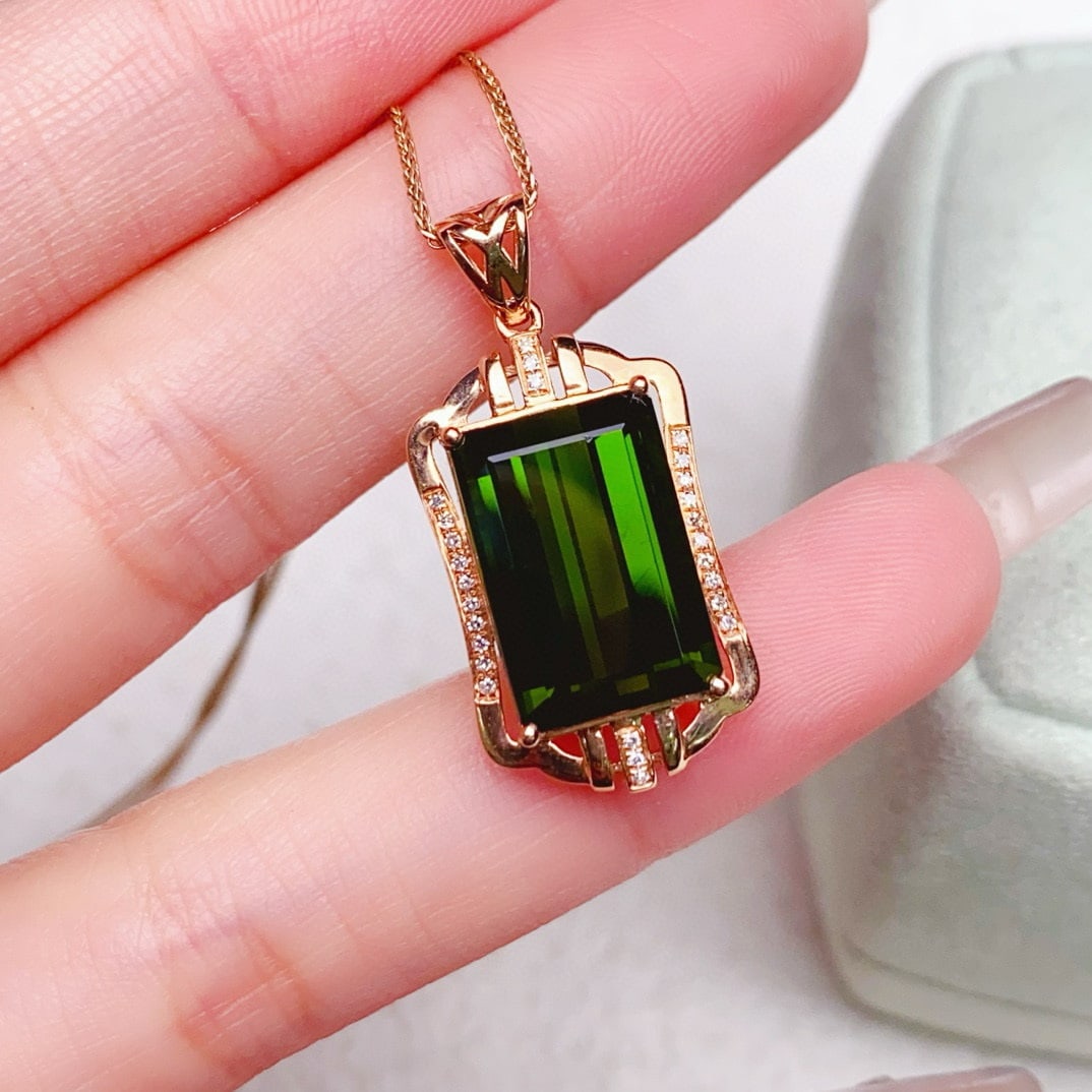 14k Gold 7.93 Ctw Natural Tourmaline & Diamond Pendant( Without Chain ) - 2