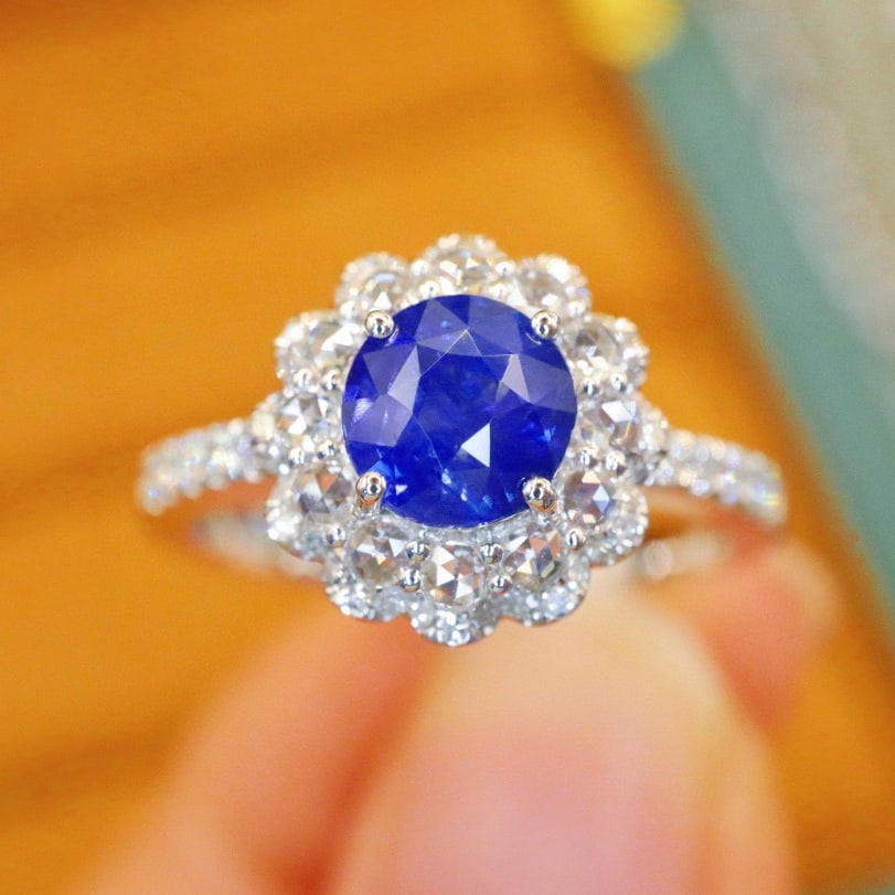 14k Gold 1.52 Ctw Natural Sapphire & Diamond Ring: Ref:230940373 // gold content:14k gold // ring size:7. 25us // // main gemstone:sapphire // shape:round // carat weight:1. 10ct // color:royal blue // treatment:natural // cut grade:g // // adjacent g