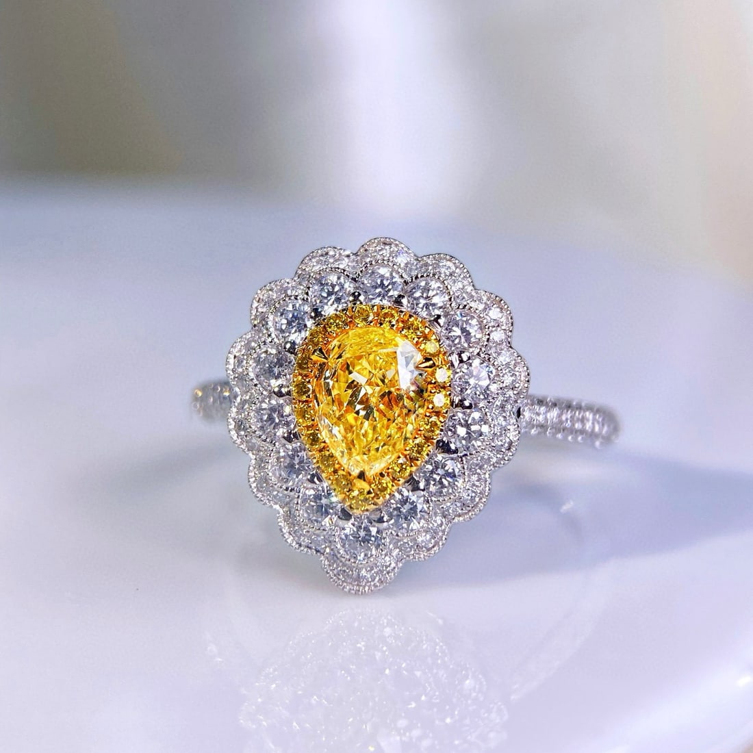 Gia Certified 14k Gold 1.22 Ctw Natural Yellow Diamond & Diamond Ring: Ref:230940376 // gold content:14k gold // ring size:7. 25us // // main gemstone:yellow diamond // certified:gia // shape:pear // carat weight:0. 52ct // clarity grade:si1 // color:yellow // treatment: