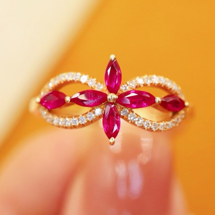 14k Gold 0.47 Ctw Vivid Red Natural Ruby & Diamond Ring: Ref:230940384 // gold content:14k gold // ring size:7. 25us // // main gemstone:ruby // shape:marquise // carat weight:0. 35ct // color:vivid red // treatment:natural // // adjacent gemstone 2 : diamo