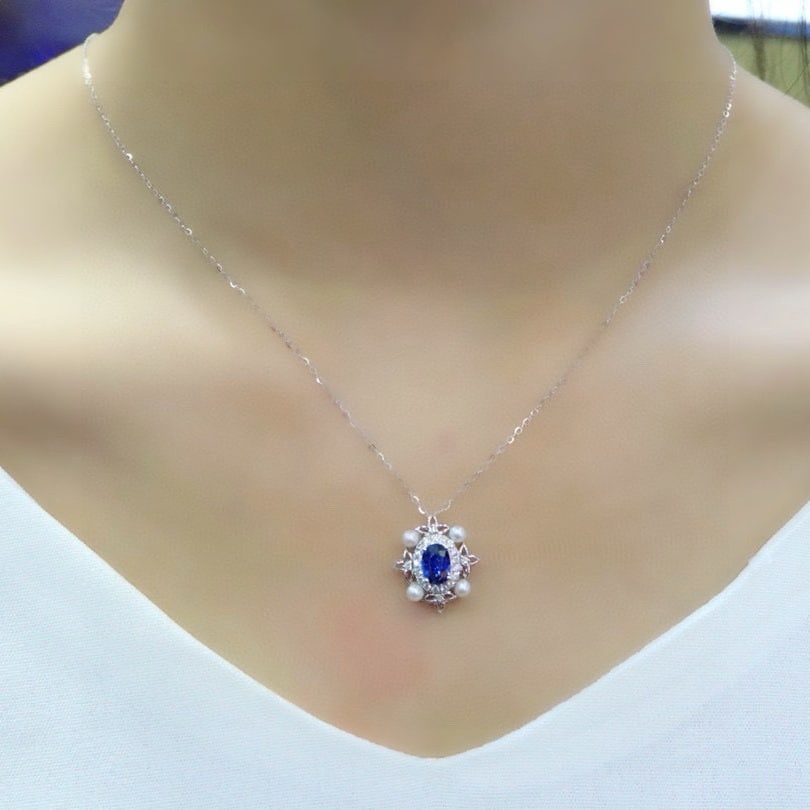 14k Gold 1.09 Ctw Natural Sapphire & Diamond Necklace - 6