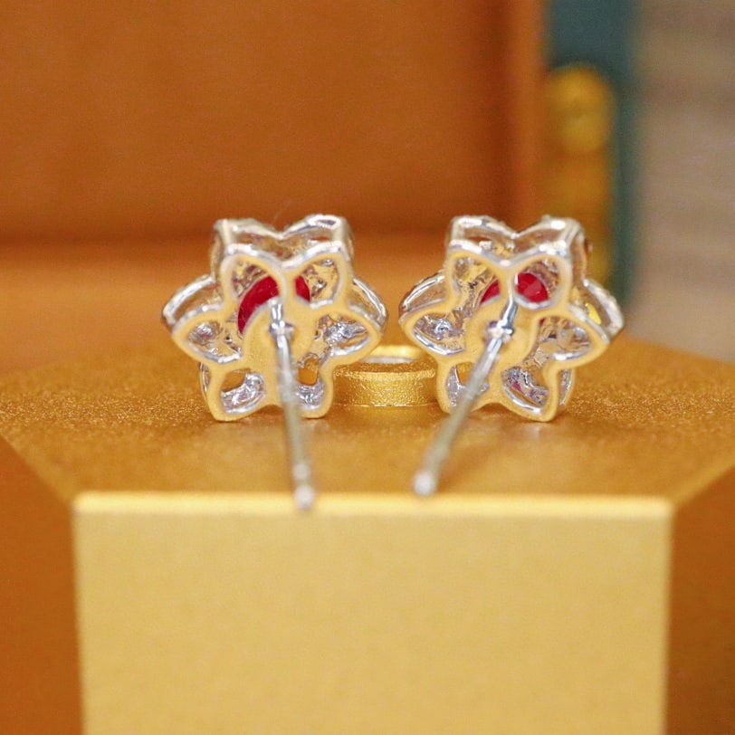 14k Gold 0.83 Ctw Natural Ruby & Diamond Earrings - 4