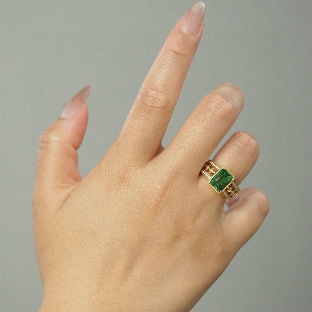 14k Gold 5.01 Ctw Natural Tsavorite & Diamond Ring - 2