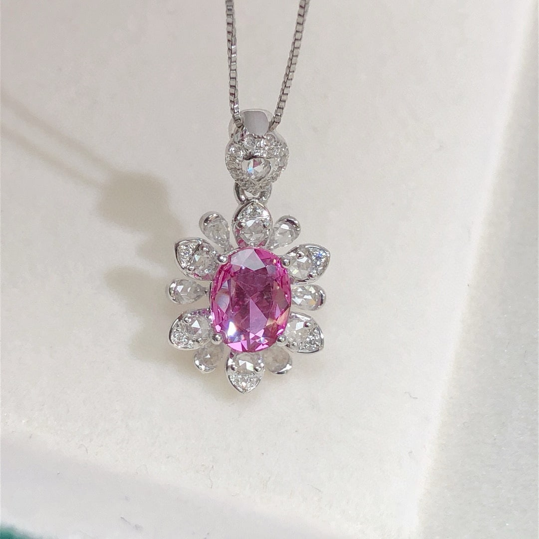 14k Gold 1.44 Ctw Natural Padparadscha Sapphire & Diamond Pendant( Without Chain ): Ref:230940436 // gold content:14k gold // main gemstone:padparadscha sapphire // shape:oval // carat weight:1. 02ct // color:orangish pink // treatment:natural // // adjacent gemstone 2 : diamond