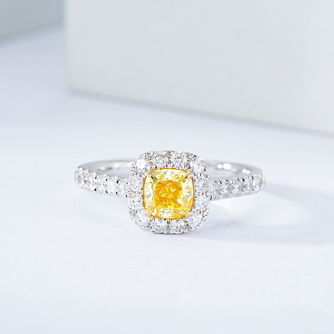 Gia Certified 14k Gold 1.23 Ctw Natural Yellow Diamond & Diamond Ring: Ref:230940437 // gold content:14k gold // ring size:7. 25us // // main gemstone:yellow diamond // certified:gia // shape:cushion // carat weight:0. 7ct // clarity grade:si2 // color:yellow //