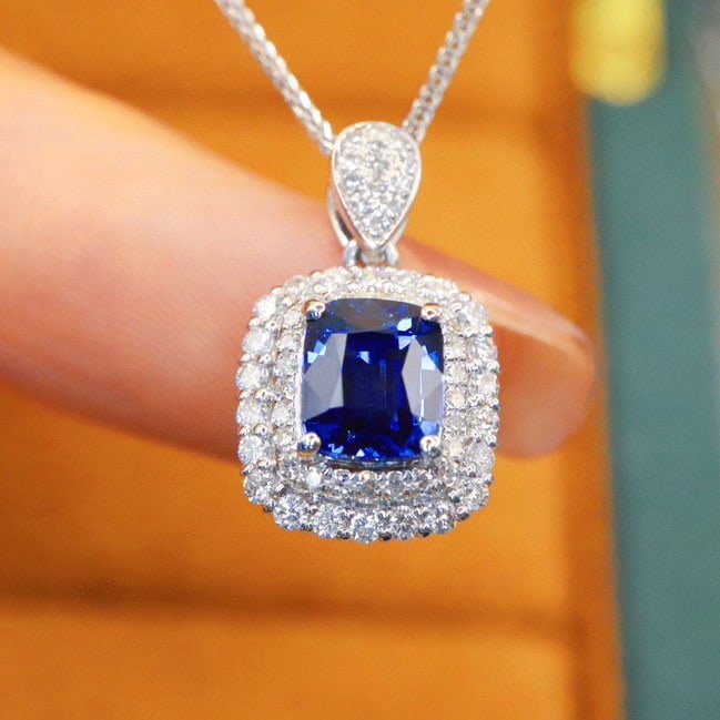 14k Gold 1.45 Ctw Natural Sapphire & Diamond Pendant( Without Chain ): Ref:230940448 // gold content:14k gold // main gemstone:sapphire // shape:cushion // carat weight:1. 12ct // color:royal blue // treatment:natural // // adjacent gemstone 2 : diamond // number of