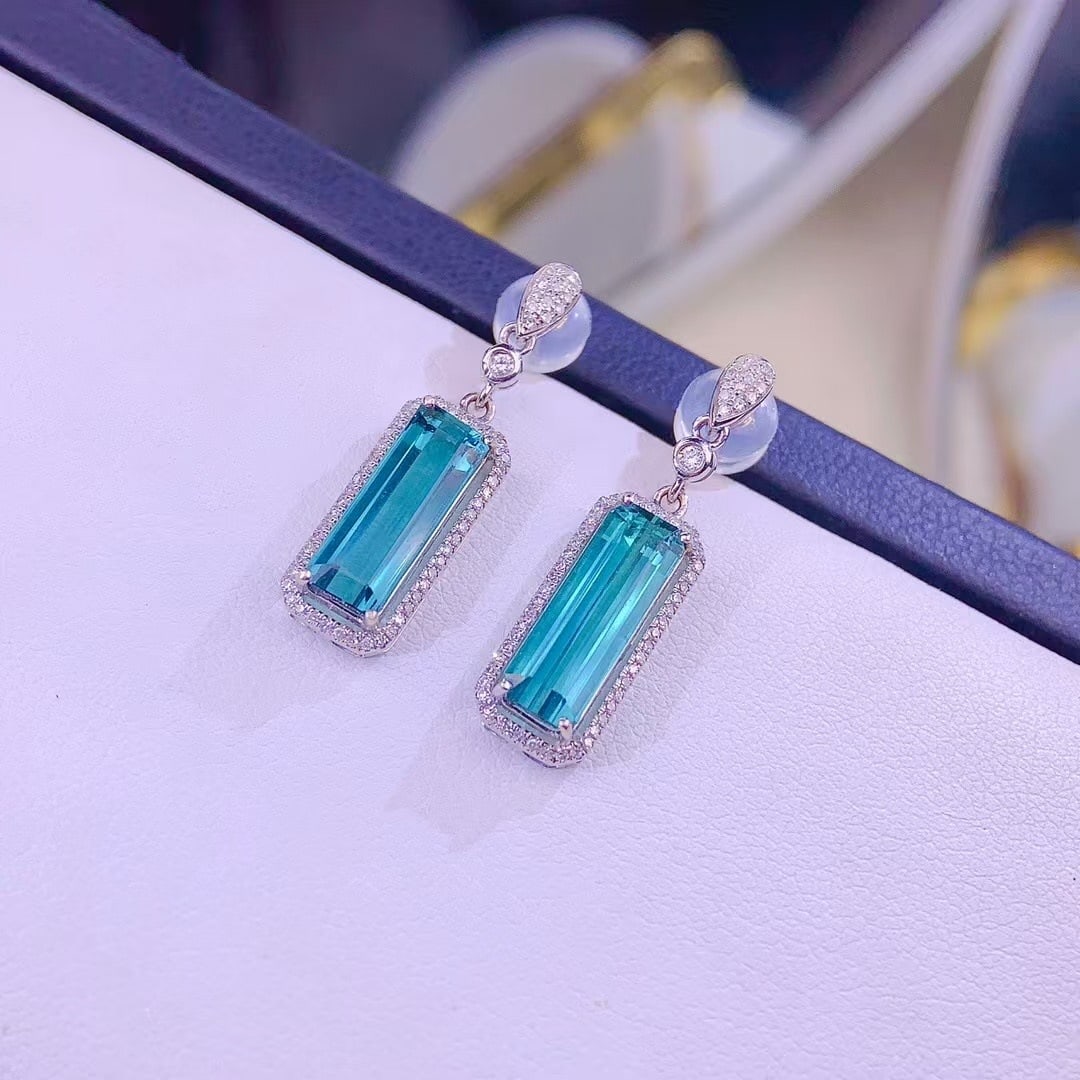 14k Gold 4.2 Ct Natural Tourmaline & Diamond Earrings - 2