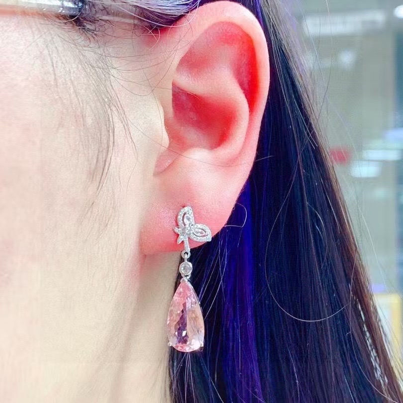 14k Gold 7.5 Ct Natural Morganite & Diamond Earrings - 7