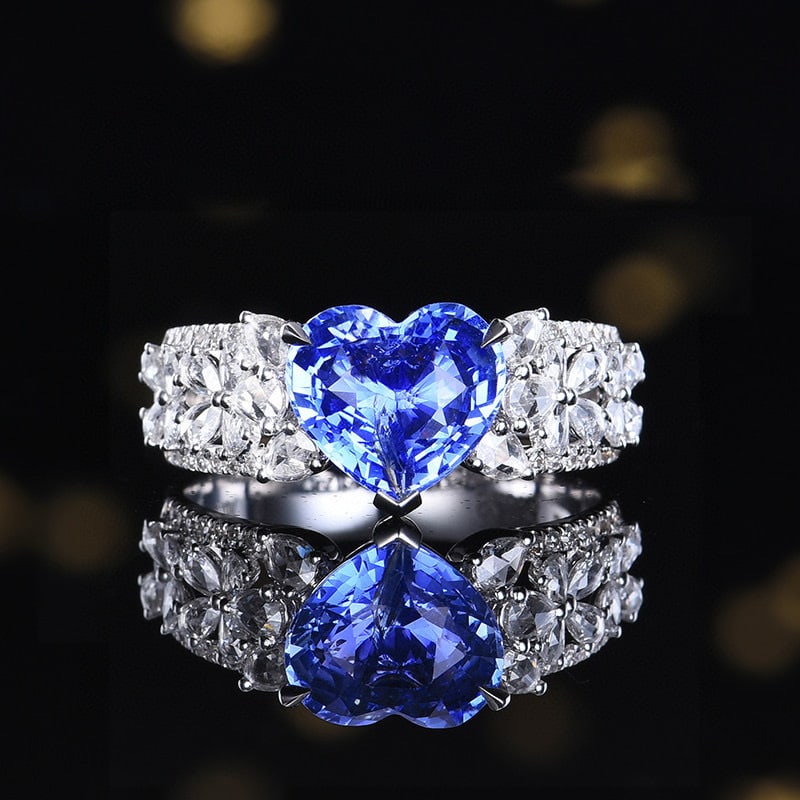 14k Gold 3.45 Ctw Natural Sapphire & Diamond Ring: Ref:230937004 // gold content:14k gold // ring size:7. 25us // // main gemstone:sapphire // shape:heart // carat weight:2. 89ct // color:blue // treatment:natural // // adjacent gemstone 2 :