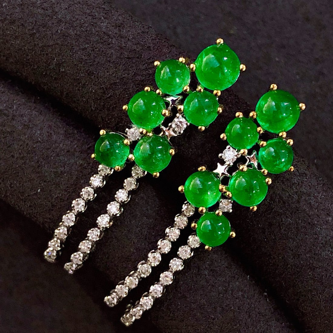 14k Gold 4.15 Ct Vivid Green Natural Emerald & Diamond Earrings - 2