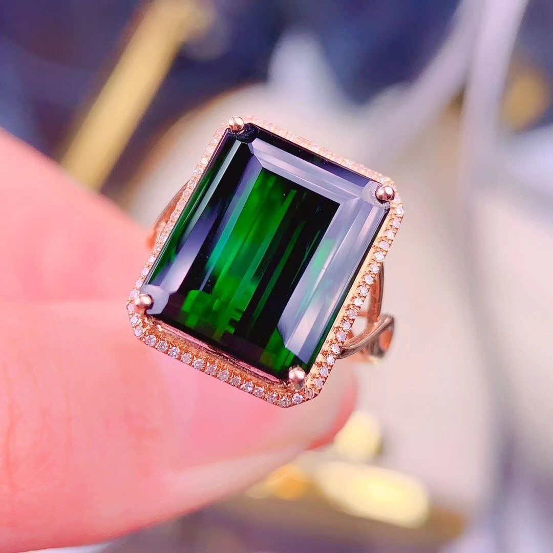 14k Gold 14 Ct Natural Tourmaline & Diamond Ring - 2