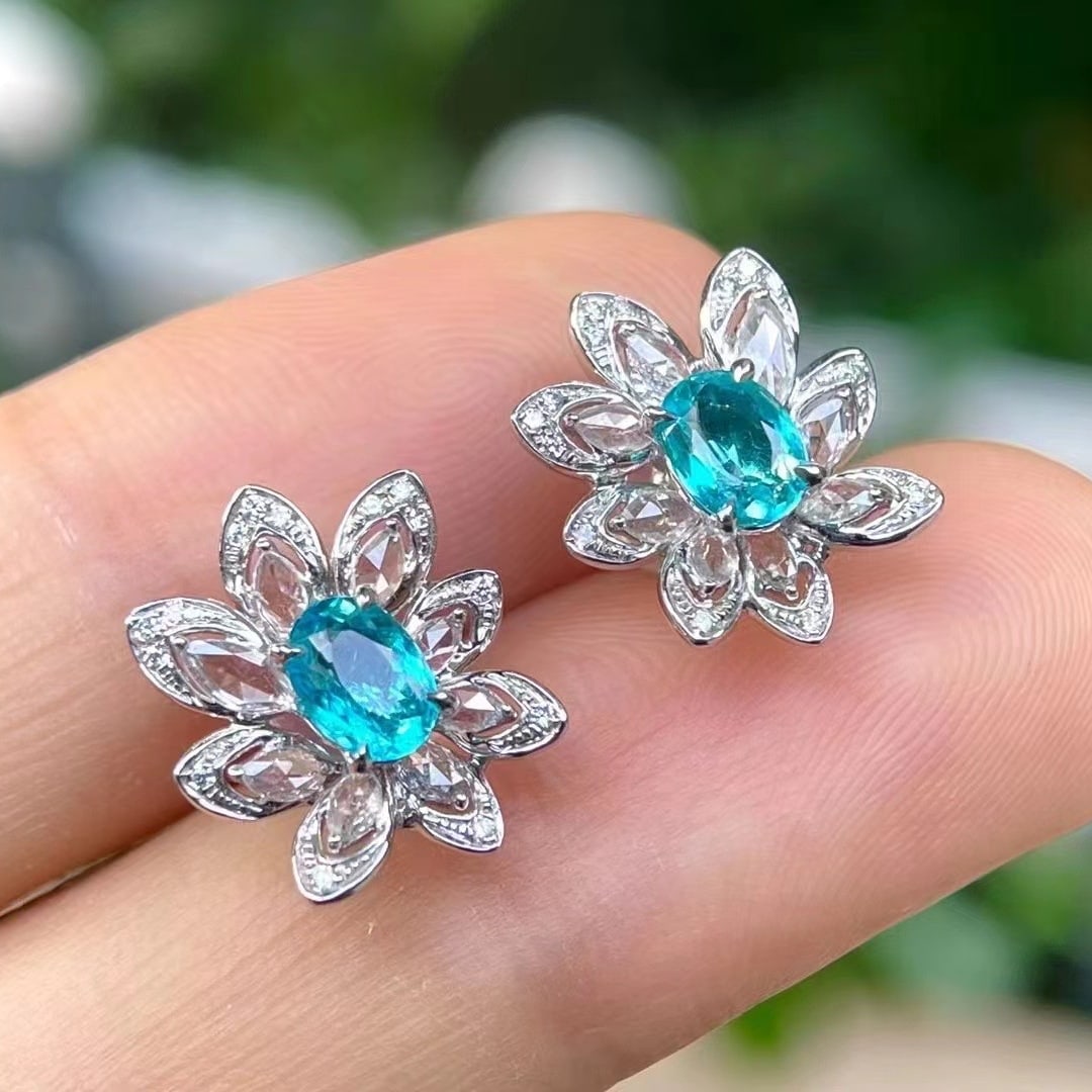 14k Gold 0.88 Ct Natural Paraiba Tourmaline & Diamond Earrings - 2