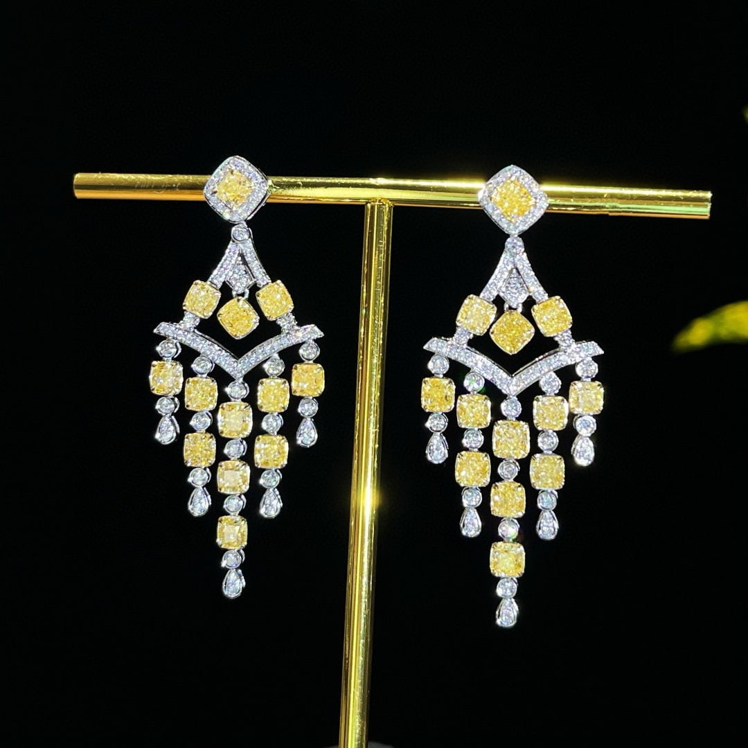 14k Gold 7.14 Ctw Natural Yellow Diamond & Diamond Earrings: Ref:230937028 // gold content:14k gold // main gemstone:yellow diamond // shape:cushion // carat weight:6. 27ct // color:yellow // treatment:natural // // adjacent gemstone 2 : diamond // shape:round