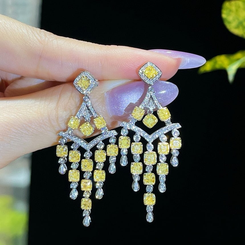 14k Gold 7.14 Ctw Natural Yellow Diamond & Diamond Earrings - 4