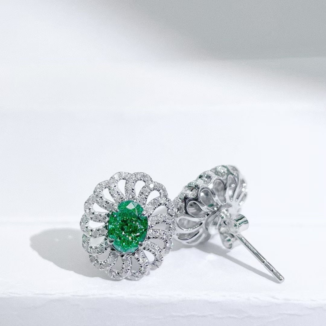 14k Gold 1.57 Ctw Natural Green Diamond & Diamond Earrings - 2