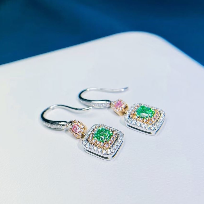 14k Gold 1.73 Ctw Natural Green Diamond & Diamond Earrings - 2