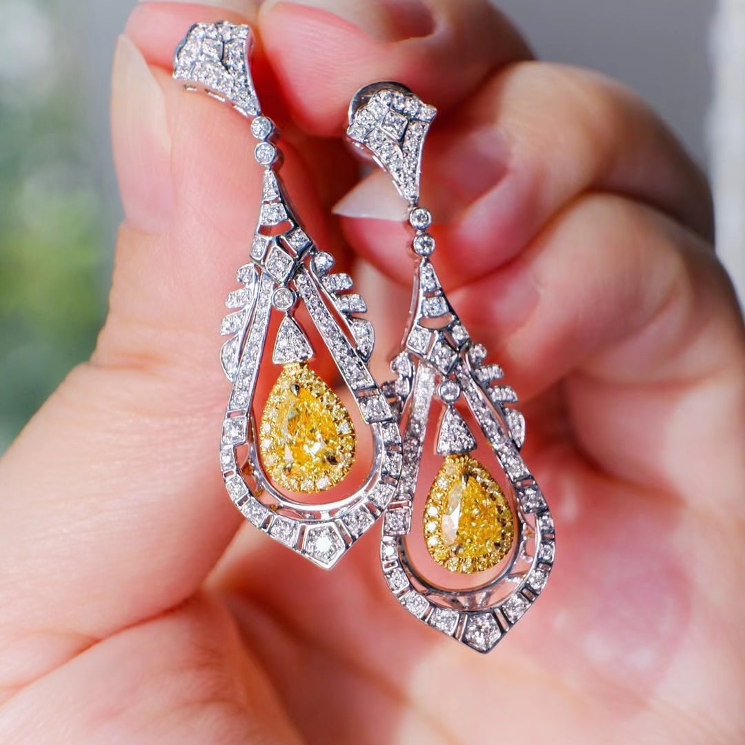 Gia Certified 14k Gold 1.62 Ctw Natural Yellow Diamond & Diamond Earrings - 4